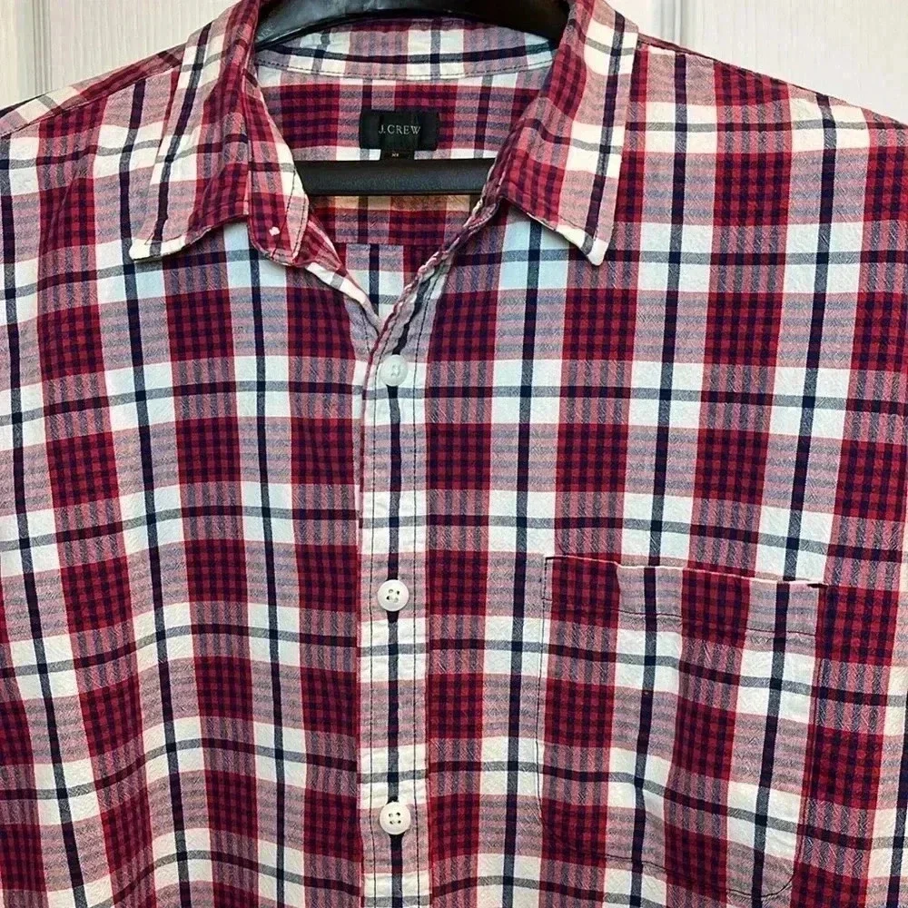 EUC J. Crew Shirt Mens XL Red White Blue Plaid Black Label Long Sleeve Button Up